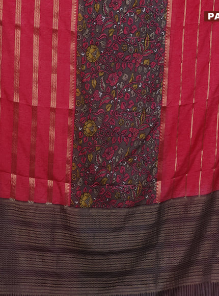 Semi crepe saree grey shade and pink with kalamkari prints and long zari woven simple border