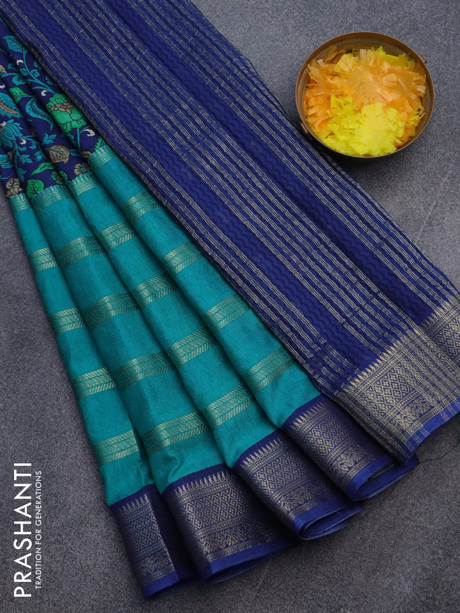 Semi crepe saree blue and teal blue with kalamkari prints and long zari woven simple border