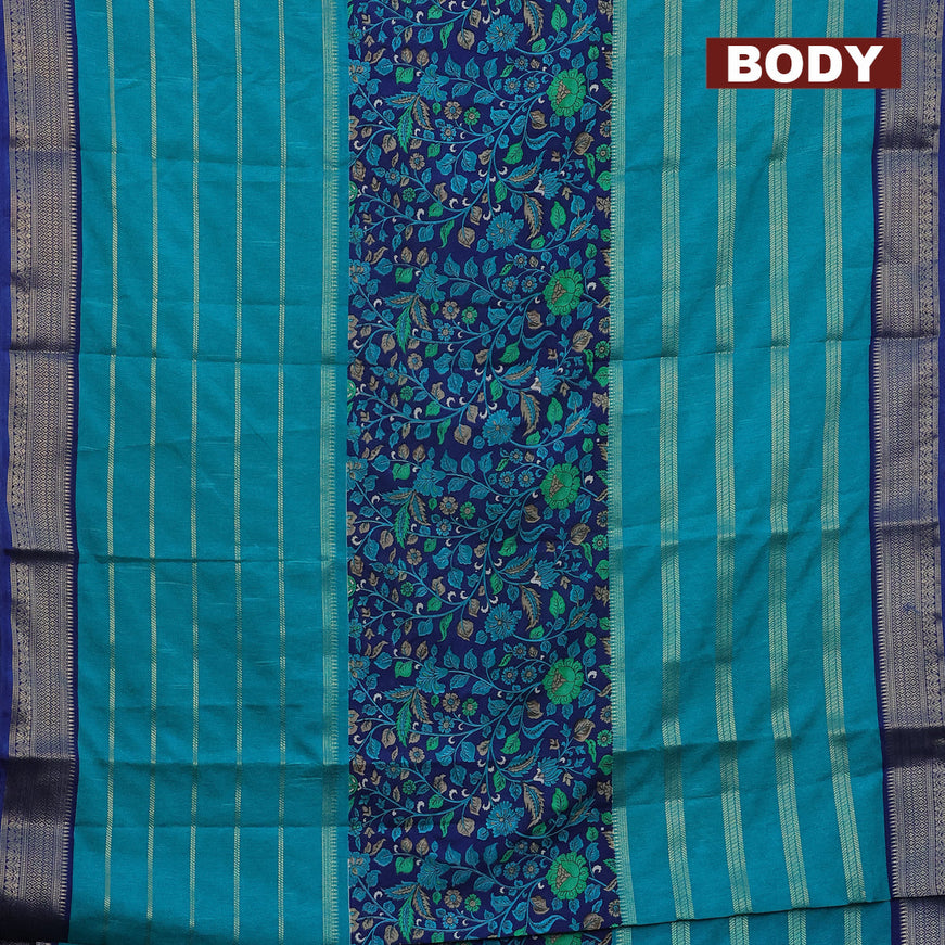 Semi crepe saree blue and teal blue with kalamkari prints and long zari woven simple border