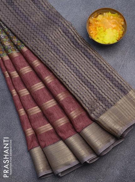 Semi crepe saree grey shade and pastel maroon shade with kalamkari prints and long zari woven simple border