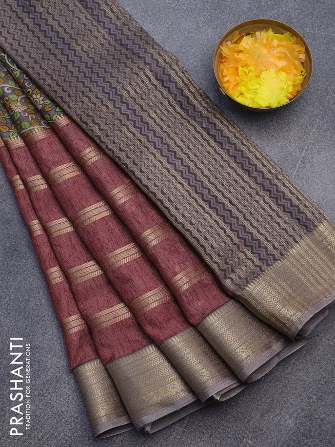 Semi crepe saree grey shade and pastel maroon shade with kalamkari prints and long zari woven simple border