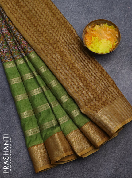 Semi crepe saree mustard shade and green with kalamkari prints and long zari woven simple border