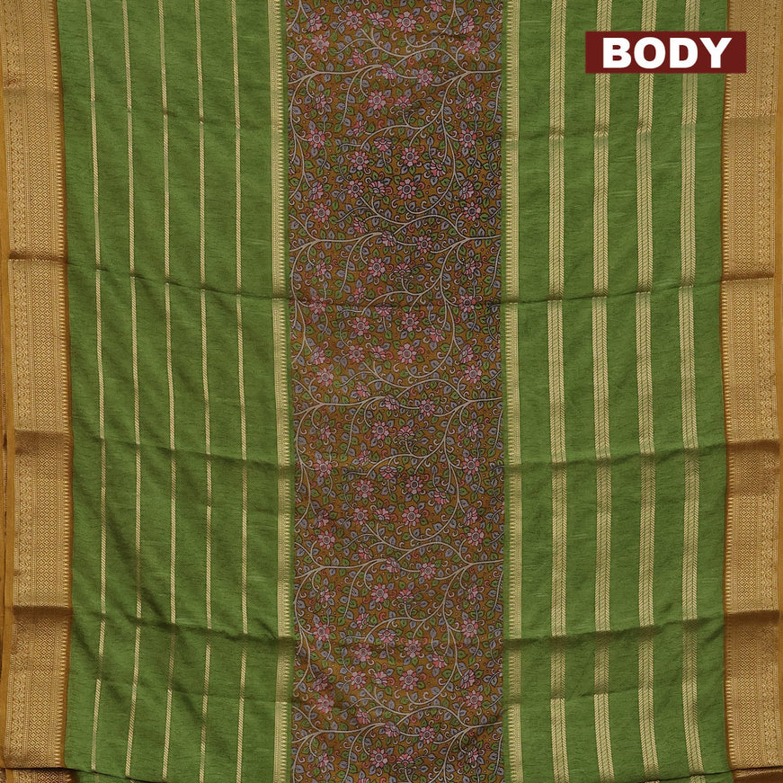 Semi crepe saree mustard shade and green with kalamkari prints and long zari woven simple border