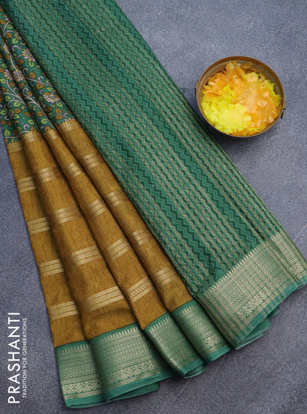 Semi crepe saree green and mustard shade with kalamkari prints and long zari woven simple border