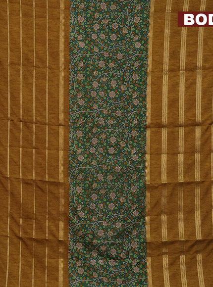 Semi crepe saree green and mustard shade with kalamkari prints and long zari woven simple border