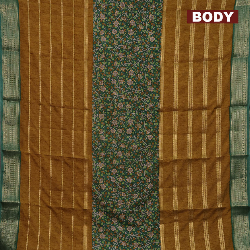 Semi crepe saree green and mustard shade with kalamkari prints and long zari woven simple border