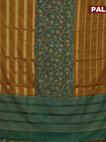 Semi crepe saree green and mustard shade with kalamkari prints and long zari woven simple border