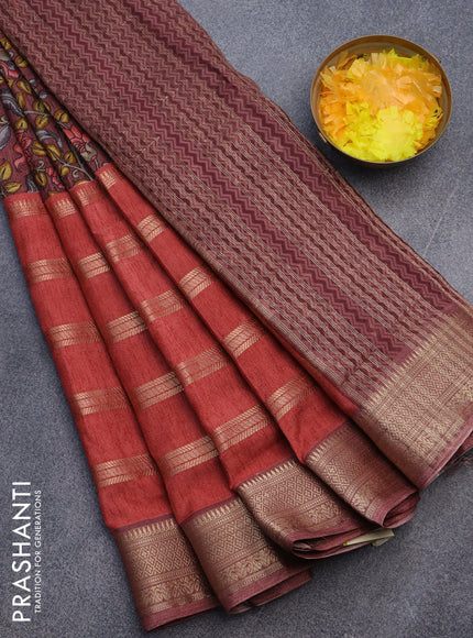 Semi crepe saree pastel maroon shade and red with kalamkari prints and long zari woven simple border