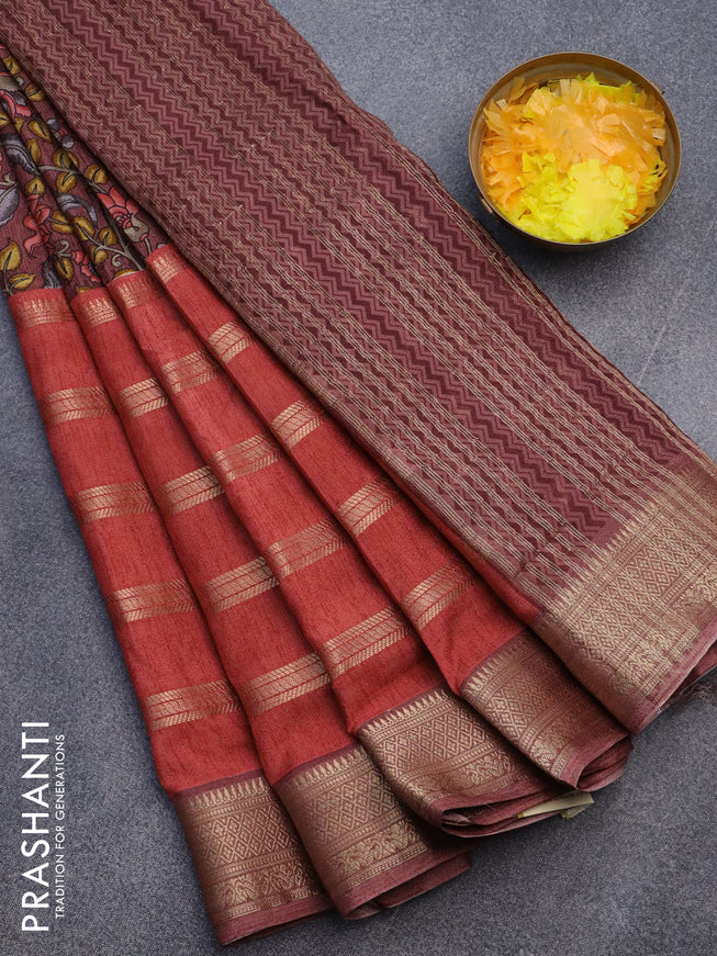 Semi crepe saree pastel maroon shade and red with kalamkari prints and long zari woven simple border