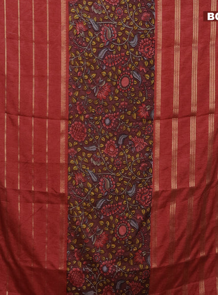 Semi crepe saree pastel maroon shade and red with kalamkari prints and long zari woven simple border