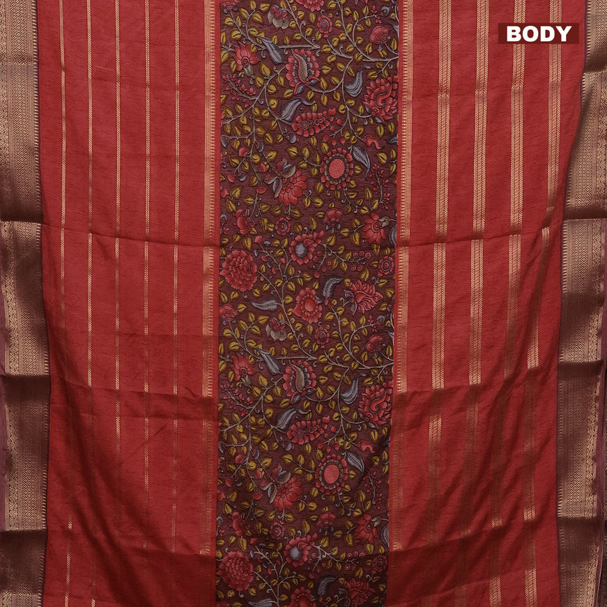 Semi crepe saree pastel maroon shade and red with kalamkari prints and long zari woven simple border