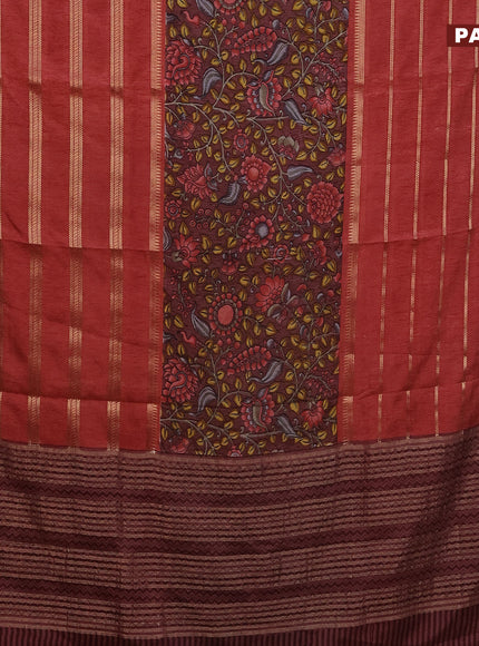 Semi crepe saree pastel maroon shade and red with kalamkari prints and long zari woven simple border