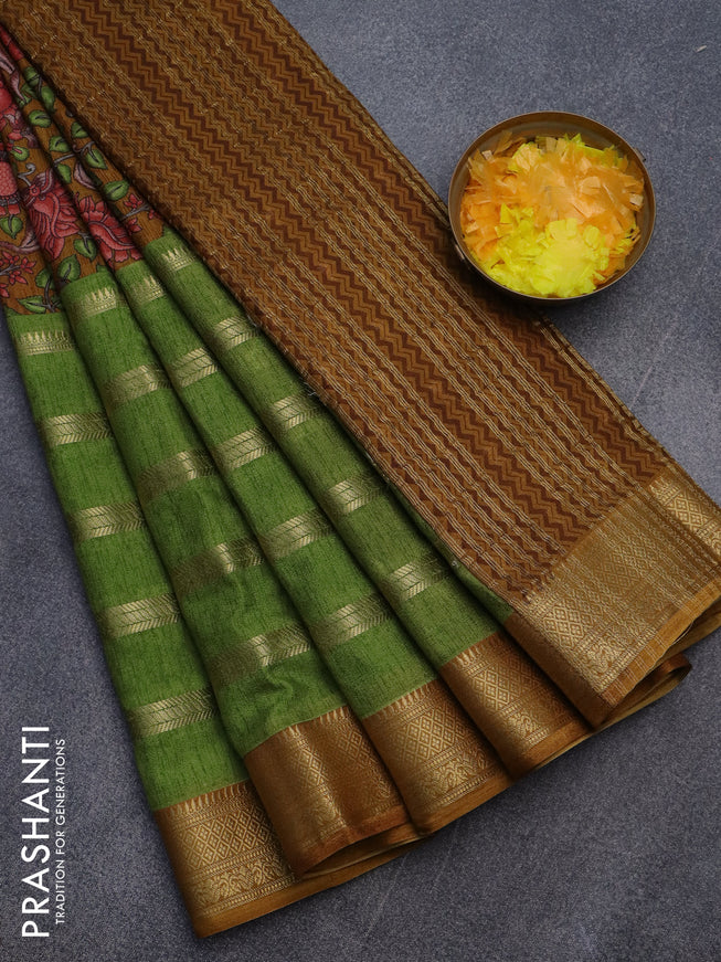 Semi crepe saree mustard shade and green with kalamkari prints and long zari woven simple border