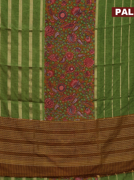 Semi crepe saree mustard shade and green with kalamkari prints and long zari woven simple border