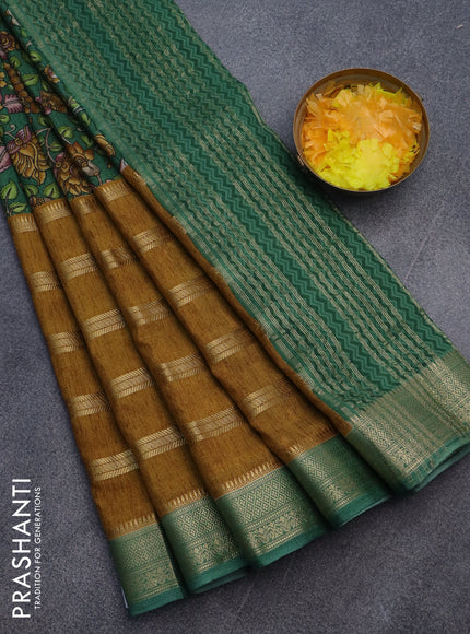 Semi crepe saree green and mustard shade with kalamkari prints and long zari woven simple border