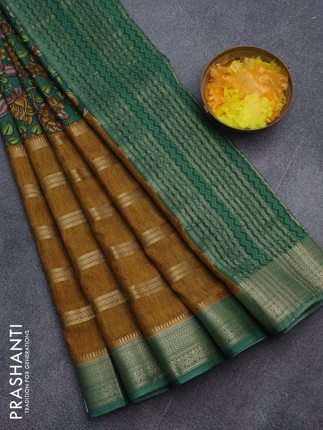 Semi crepe saree green and mustard shade with kalamkari prints and long zari woven simple border