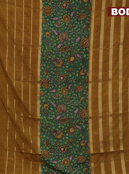 Semi crepe saree green and mustard shade with kalamkari prints and long zari woven simple border