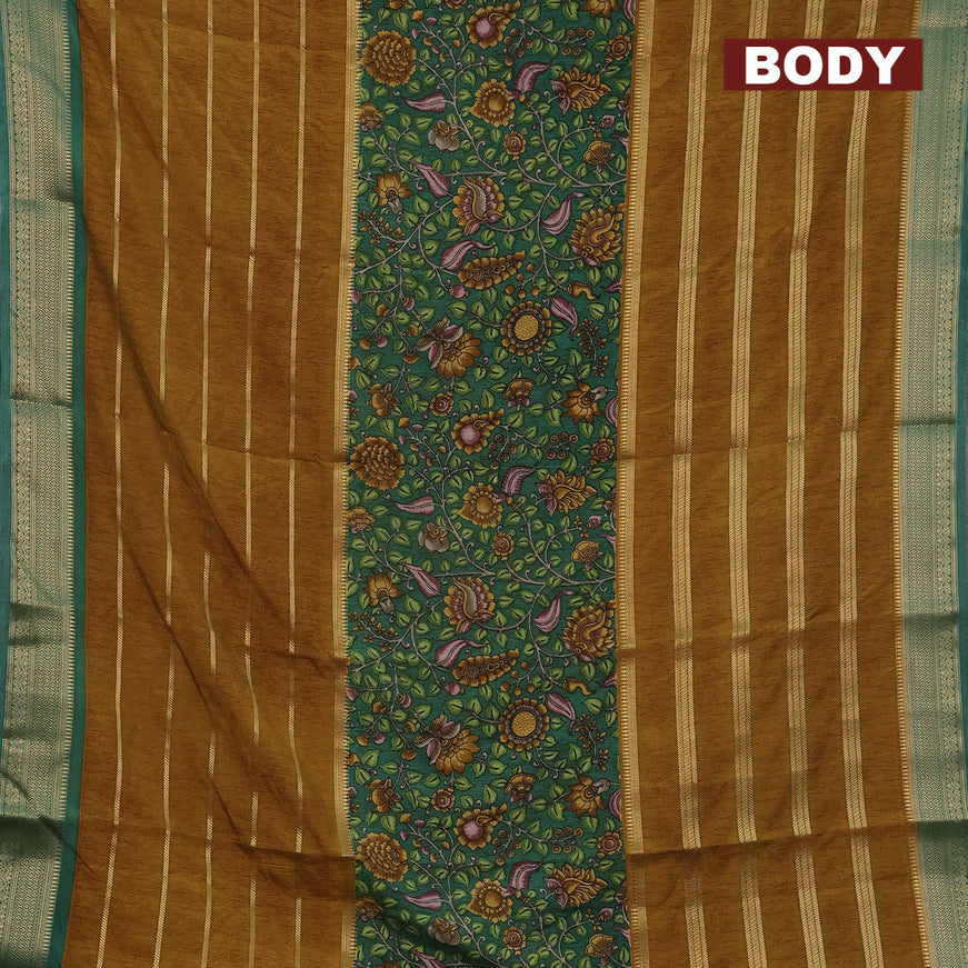 Semi crepe saree green and mustard shade with kalamkari prints and long zari woven simple border