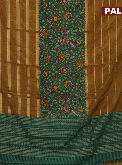 Semi crepe saree green and mustard shade with kalamkari prints and long zari woven simple border