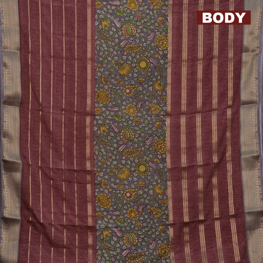 Semi crepe saree grey shade and pastel maroon shade with kalamkari prints and long zari woven simple border