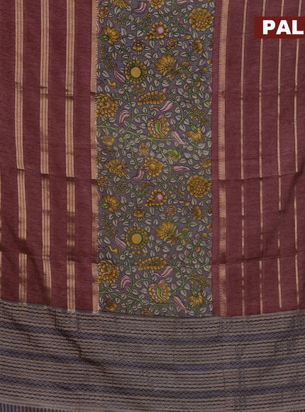 Semi crepe saree grey shade and pastel maroon shade with kalamkari prints and long zari woven simple border