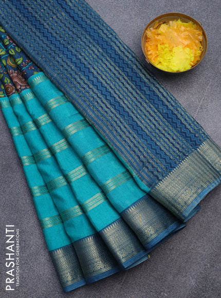 Semi crepe saree peacock blue and teal blue with kalamkari prints and long zari woven simple border