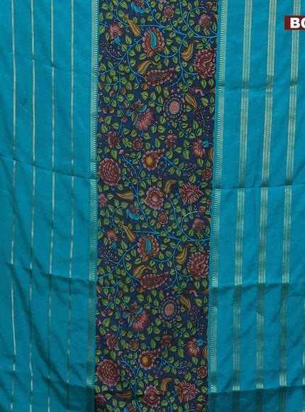 Semi crepe saree peacock blue and teal blue with kalamkari prints and long zari woven simple border