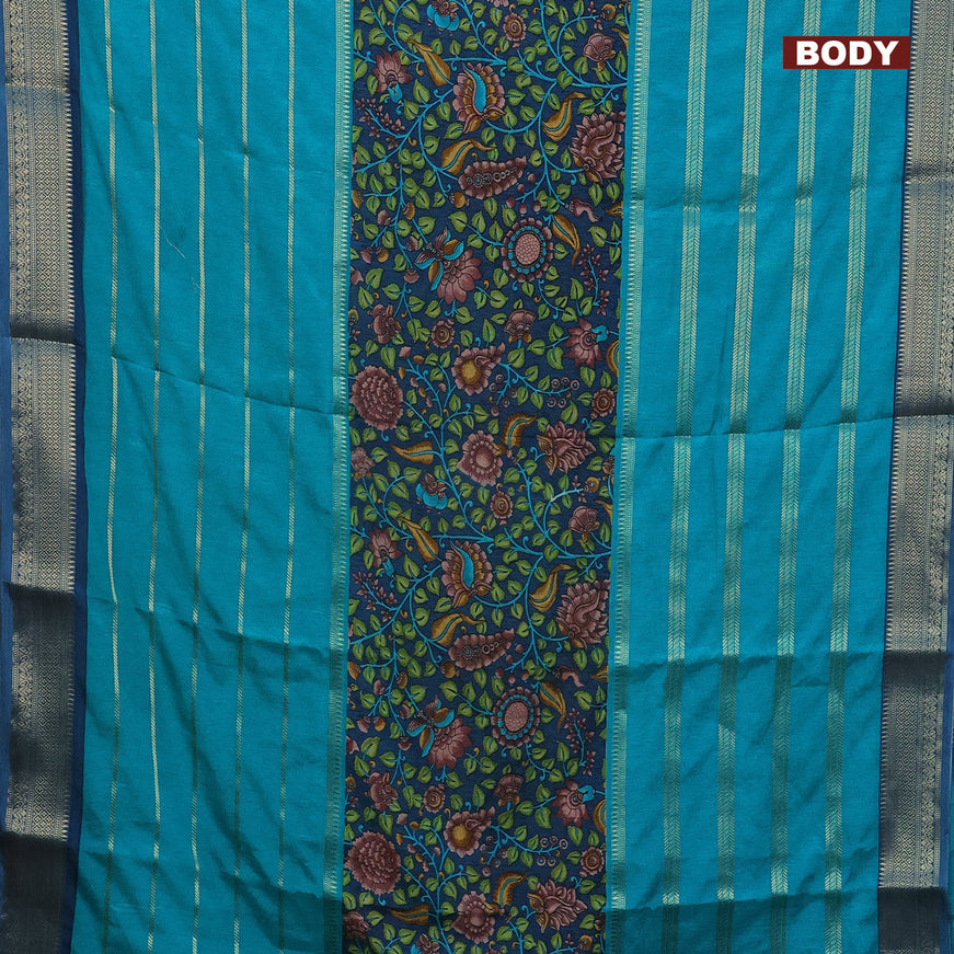 Semi crepe saree peacock blue and teal blue with kalamkari prints and long zari woven simple border