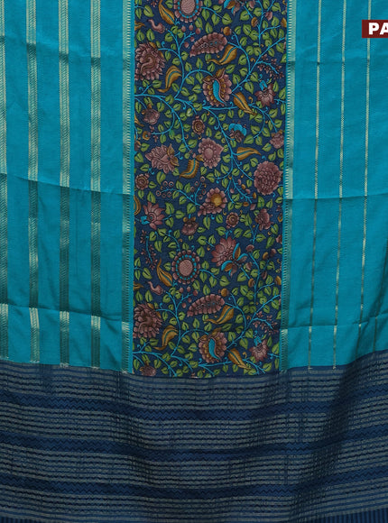 Semi crepe saree peacock blue and teal blue with kalamkari prints and long zari woven simple border