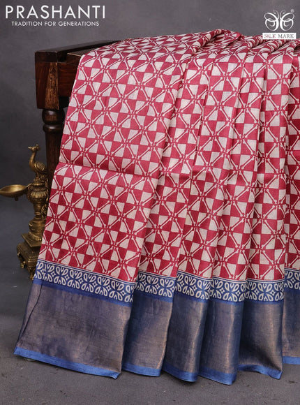 Pure tussar silk saree maroon and blue with allover geometric prints and zari woven border