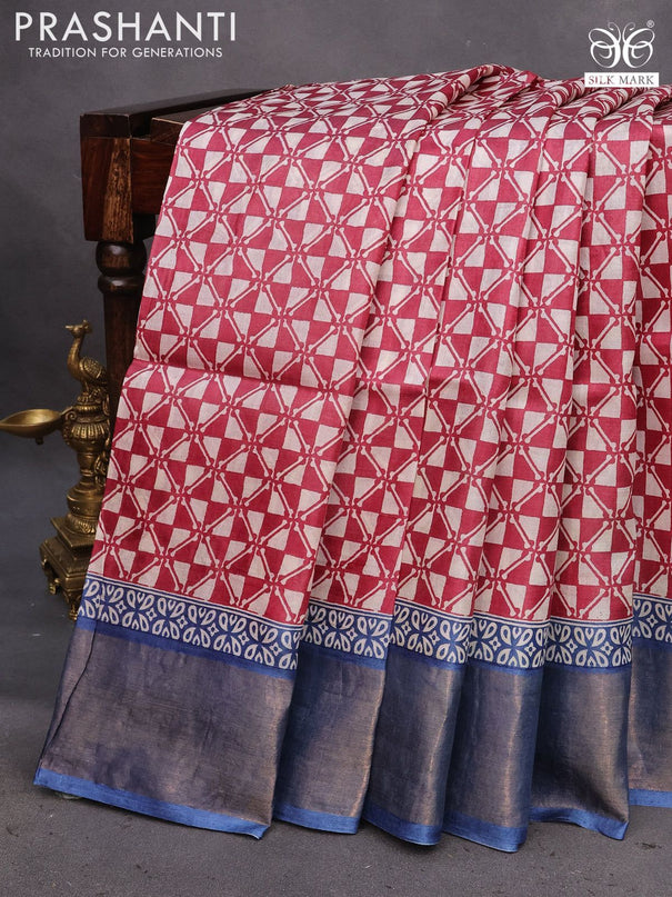 Pure tussar silk saree maroon and blue with allover geometric prints and zari woven border