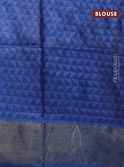 Pure tussar silk saree maroon and blue with allover geometric prints and zari woven border