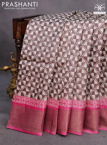 Pure tussar silk saree brown and pink with allover geometric prints and zari woven border