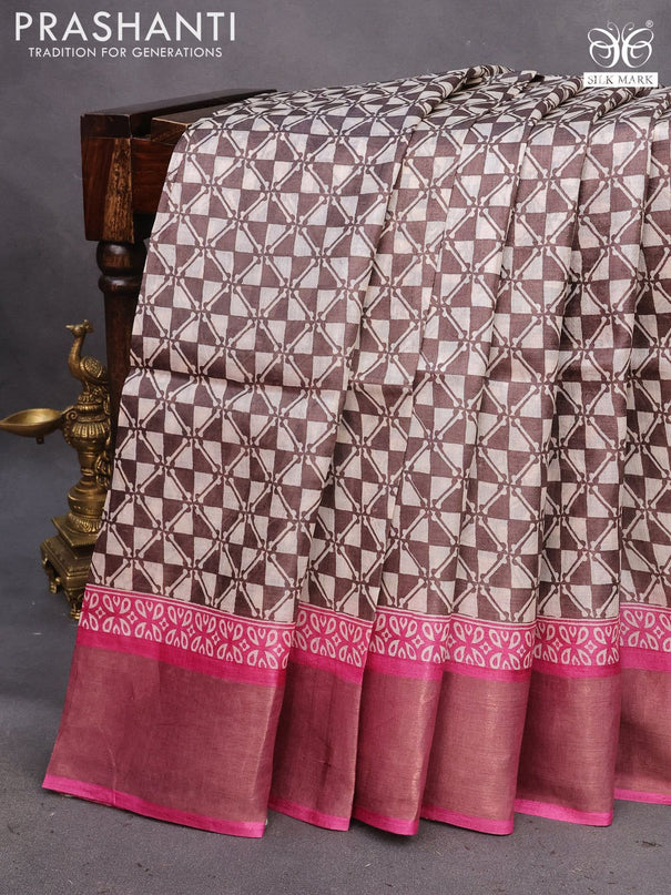 Pure tussar silk saree brown and pink with allover geometric prints and zari woven border