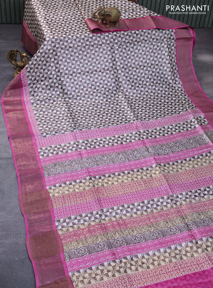 Pure tussar silk saree brown and pink with allover geometric prints and zari woven border