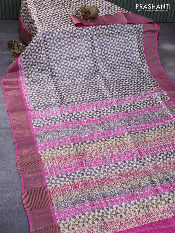 Pure tussar silk saree brown and pink with allover geometric prints and zari woven border