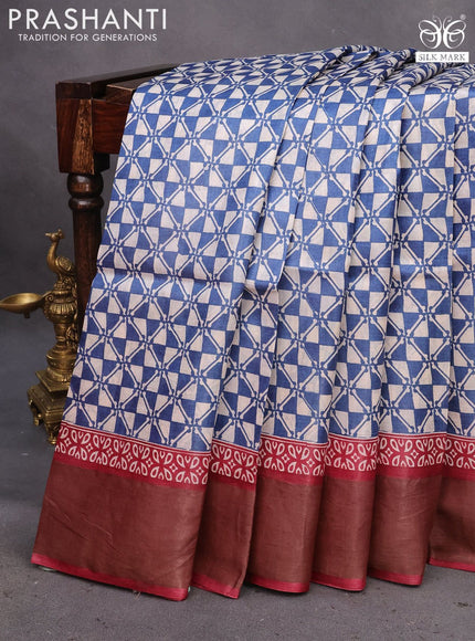 Pure tussar silk saree blue and maroon with allover geometric prints and zari woven border