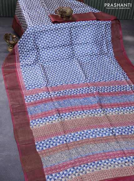 Pure tussar silk saree blue and maroon with allover geometric prints and zari woven border