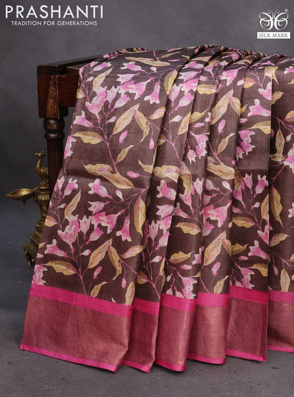 Pure tussar silk saree brown and pink with allover floral prints and zari woven border