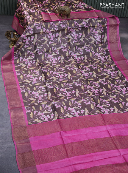 Pure tussar silk saree brown and pink with allover floral prints and zari woven border