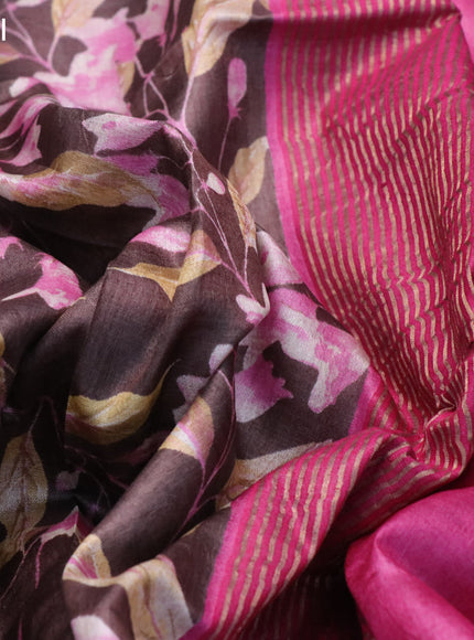 Pure tussar silk saree brown and pink with allover floral prints and zari woven border