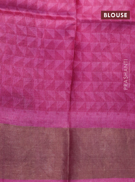 Pure tussar silk saree brown and pink with allover floral prints and zari woven border