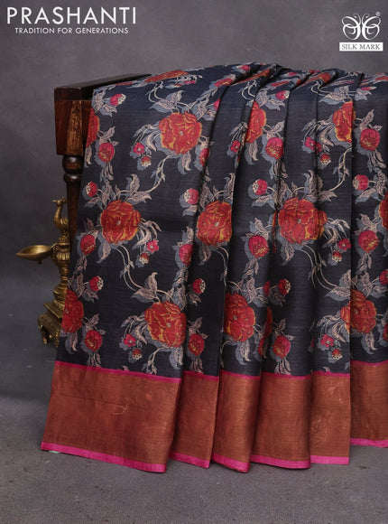 Pure tussar silk saree black and magenta pink with allover floral prints and zari woven border