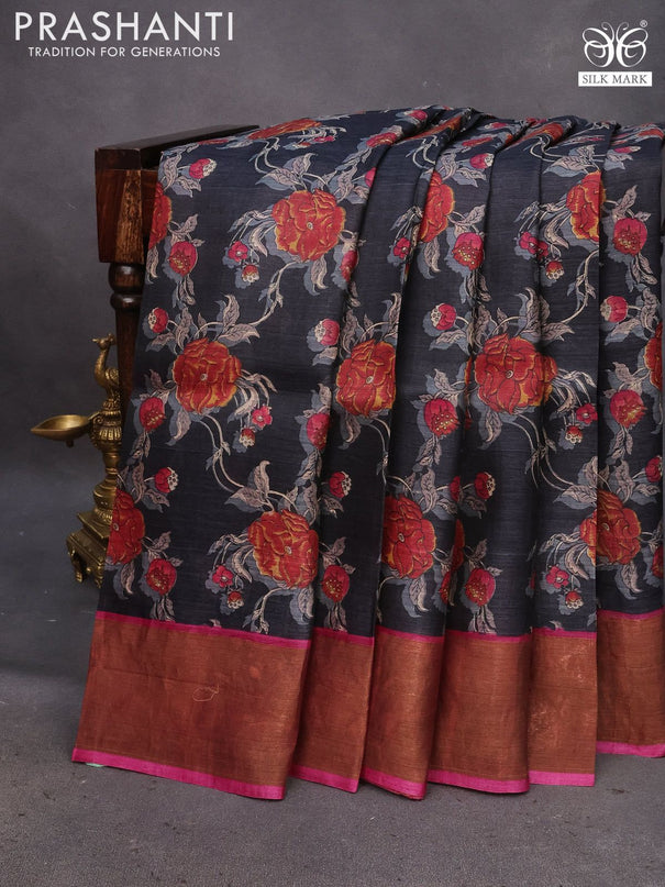 Pure tussar silk saree black and magenta pink with allover floral prints and zari woven border