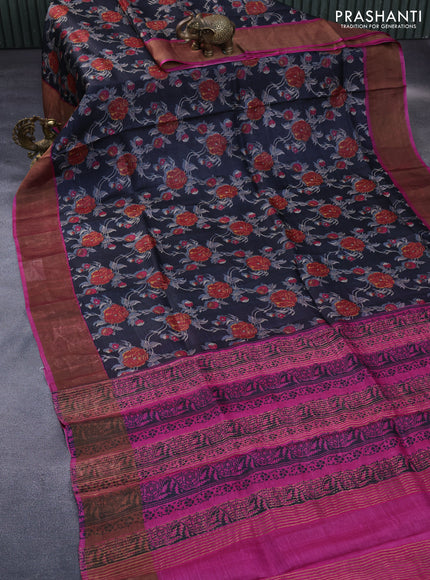 Pure tussar silk saree black and magenta pink with allover floral prints and zari woven border