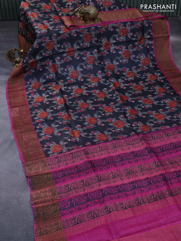 Pure tussar silk saree black and magenta pink with allover floral prints and zari woven border