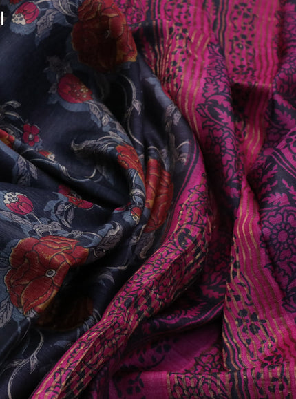 Pure tussar silk saree black and magenta pink with allover floral prints and zari woven border