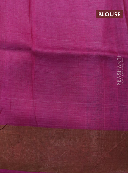 Pure tussar silk saree black and magenta pink with allover floral prints and zari woven border