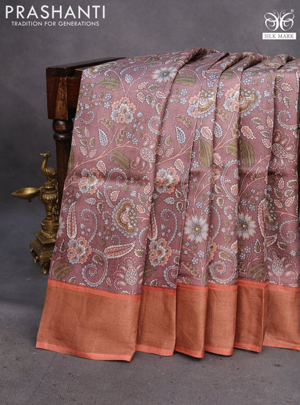 Pure tussar silk saree brown and peach shade with allover kalamkari prints and zari woven border