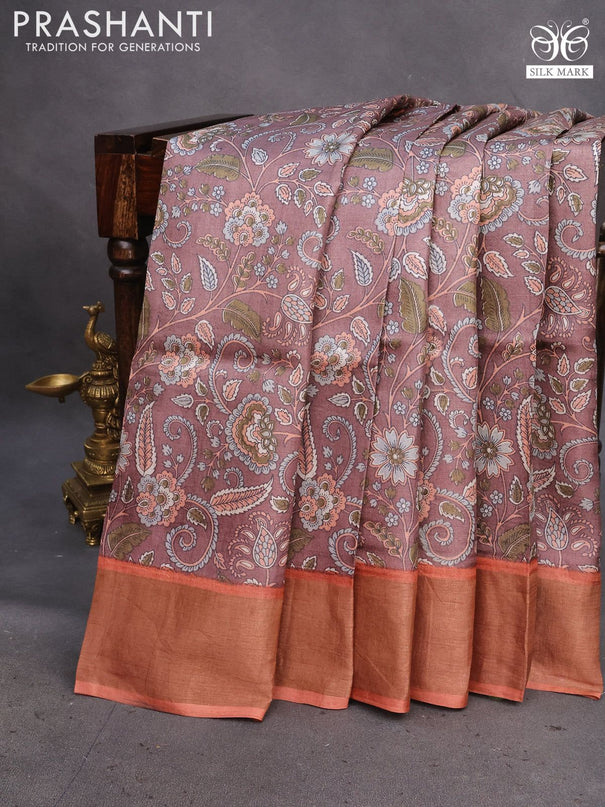 Pure tussar silk saree brown and peach shade with allover kalamkari prints and zari woven border